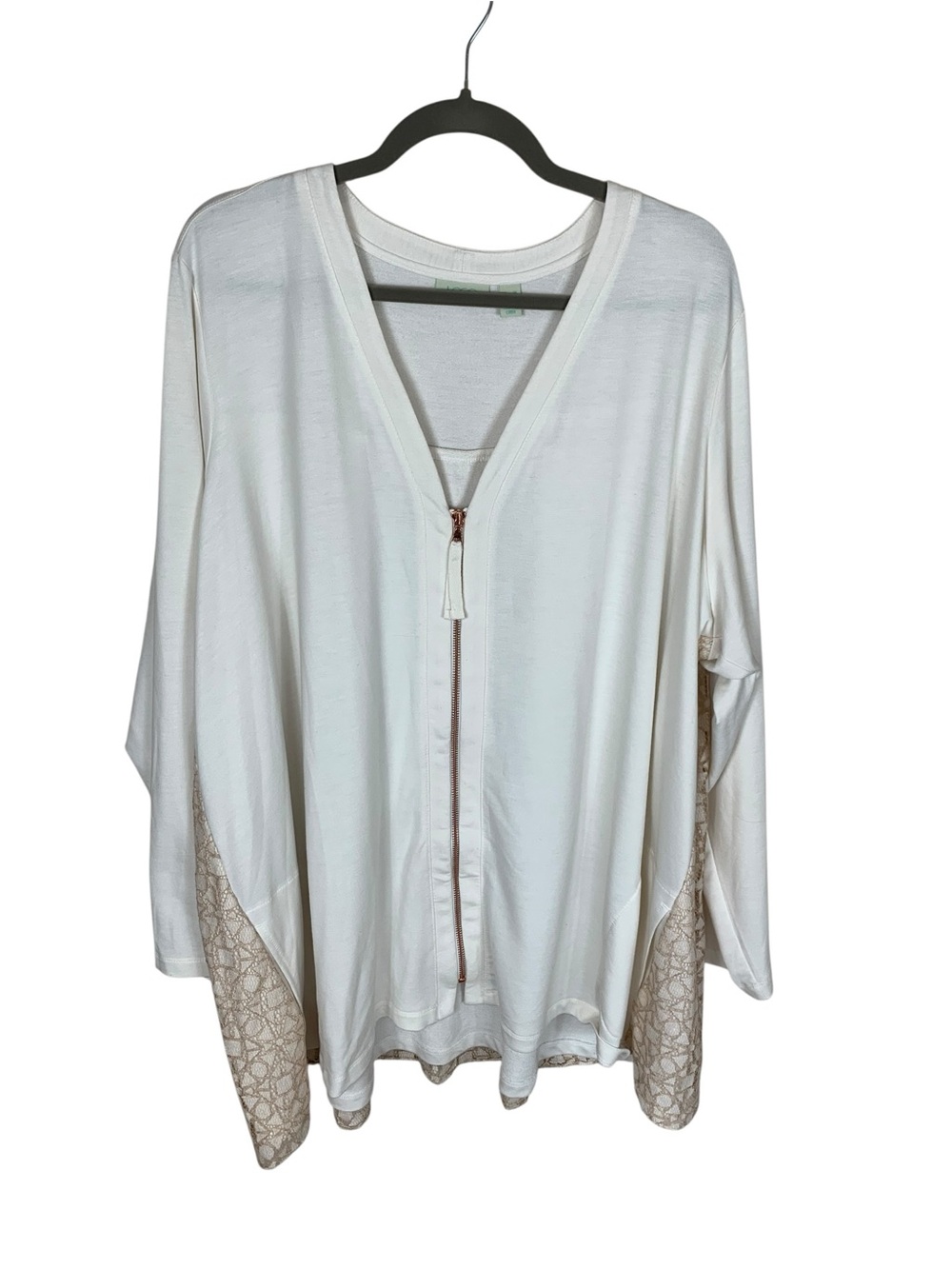 Women's Logo Lori Goldstein Ivory Full Zip V-Neck Lace Back Panel Sweatshirt 3X